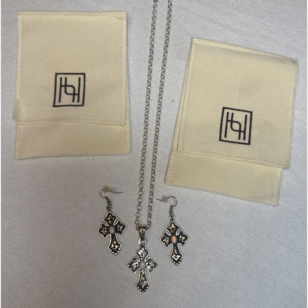 Hyo Sterling Silver 1/10 10K Gold Filled Western Rodeo Cross Necklace & Earrings